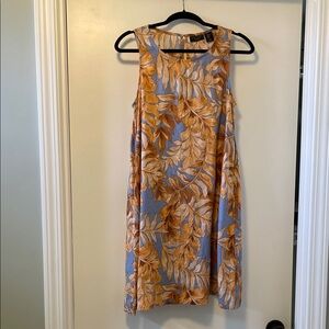 Tahari Blue and Orange Leaf Print Midi Dress